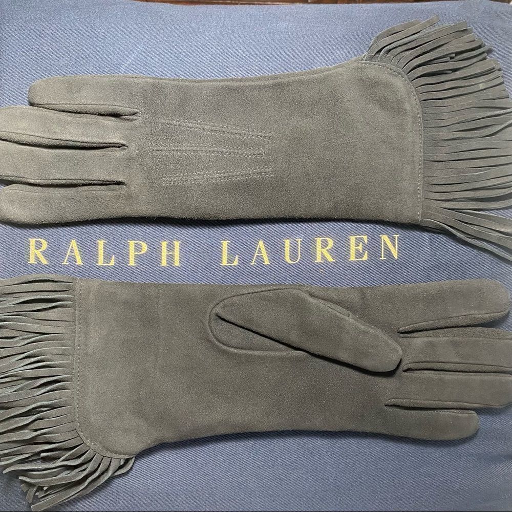 *Ralph Lauren Collection Black Cashmere Lined Lamb Suede Fringe Trimmed Gloves - Picture 5 of 16